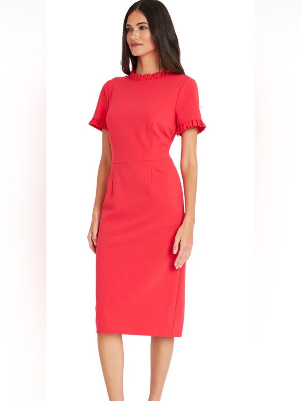 Maggy London TAREN Rose Red Ruffle Sheath Dress Pockets Size 8
